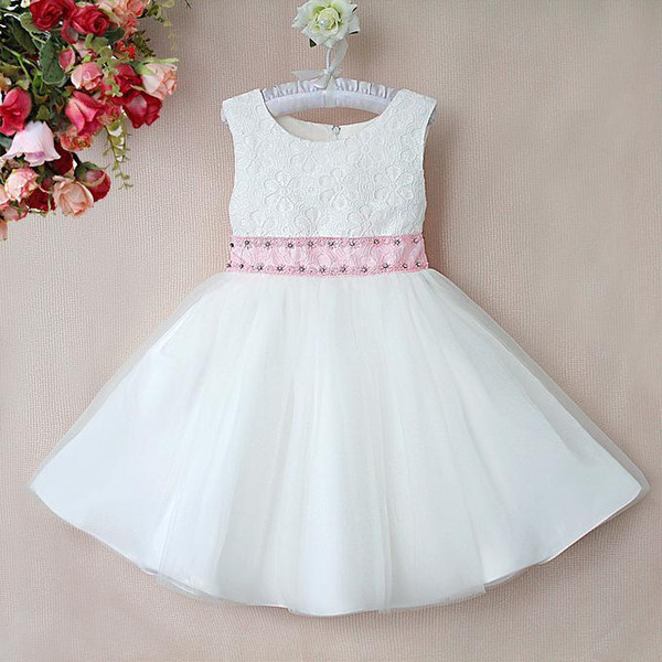 Summer Girls Party Dresses White Cotton And Polyester Dresses With Pink Belt Girls Princess Dresses GD40418-15