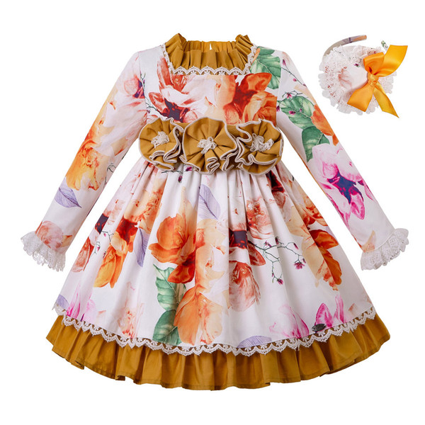 Pettigirl Autumn Flower Print Girl Dress With Headband Party Dresses for Kids with flowers Belt Girls Clothing G-DMGD206-152