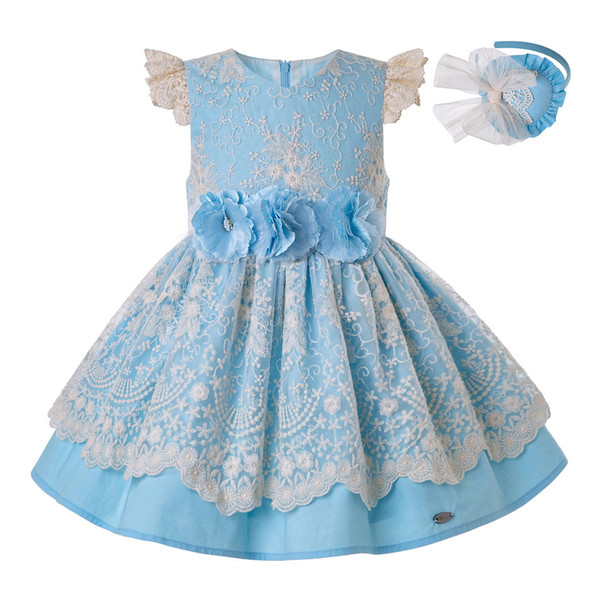 Pettigirl Summer for Girls Knee Dress Blue Lace Children Wedding Princess Party Kids Elegant Porno Frocks Clothes G-DMGD203-28