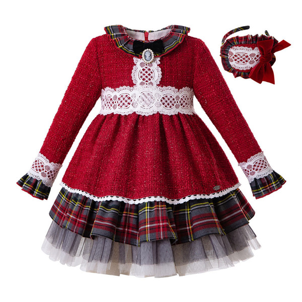 Pettigirl New Fall Bling girls christmas dress+Headwear Red Girl Princess Dress With Bow And Grid Hem Party kids designer clothes girls