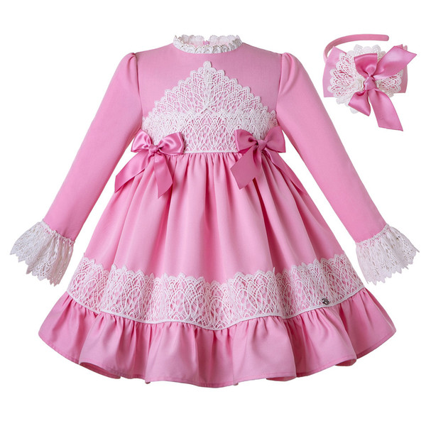 Pettigirl Pink Round Collar Lace Flare Sleeve Girl Princess Dress Fall Dress Decorated With Bows With Headwear G-DMGD207-198