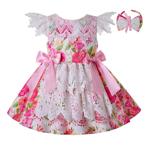 Pettigirl Pink SummerGirl Dress Lace Layer Design Princess Dresses Flower printed With Bows And Headband Boutique Girl Clothes G-DMGD203-20