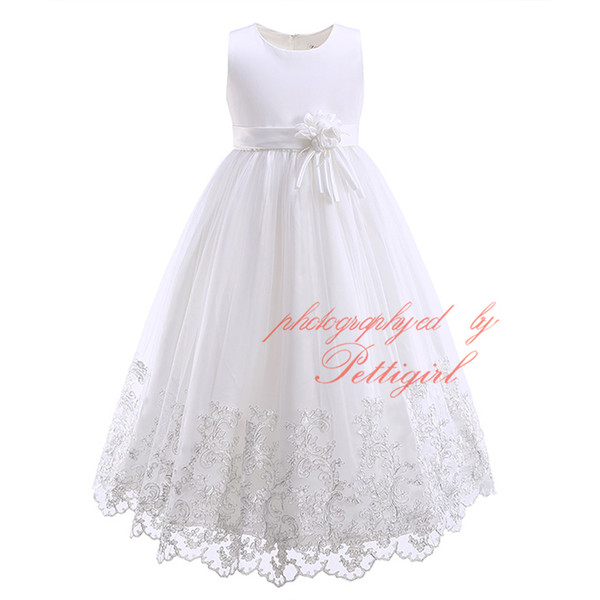 Pettigirl New High Quality White Ball Gown For Girls Fashion Floral Print Full-length Party Dress With Flower Sashes Girls Wedding Dress