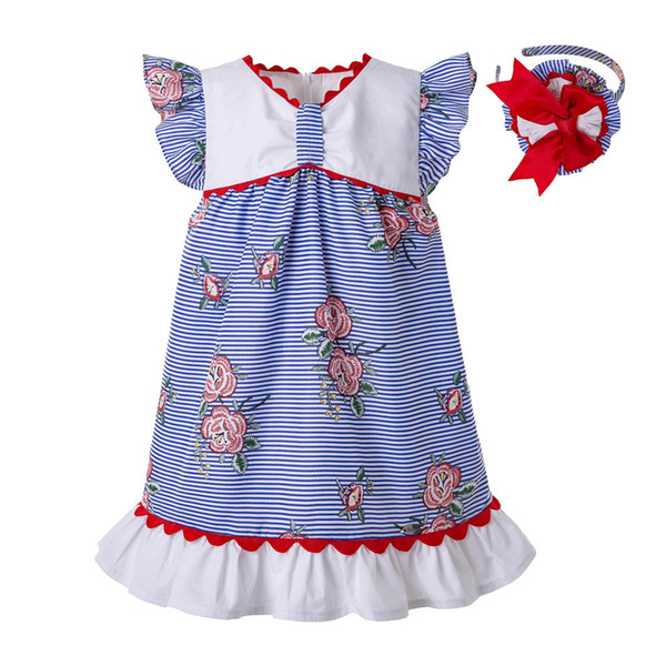 Pettigirl Summer Blue Rose Stripe Printed Puff Sleeve Wove Design Baby Girls Dresses Casual Kids Dress Boutique Clothing G-DMGD203-65