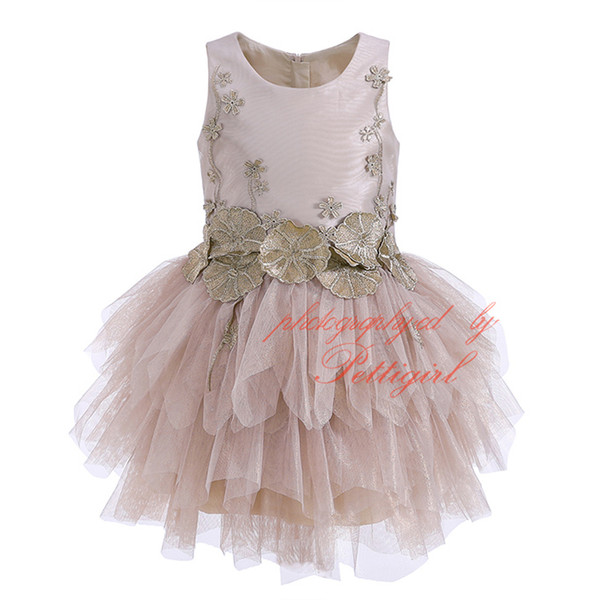 Pettigirl Girl Ball Gown Dress Champagne Tulle Lotus Leaf Floral Embroidery Viintage Tiered Chiffon Children Party Clothing G-DMGD908-1044