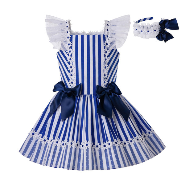 Pettigirl Summer Newest Party Deep Blue Cotton Stripe Princess Dresses For Baby Girls With Bow G-DMGD203-C151