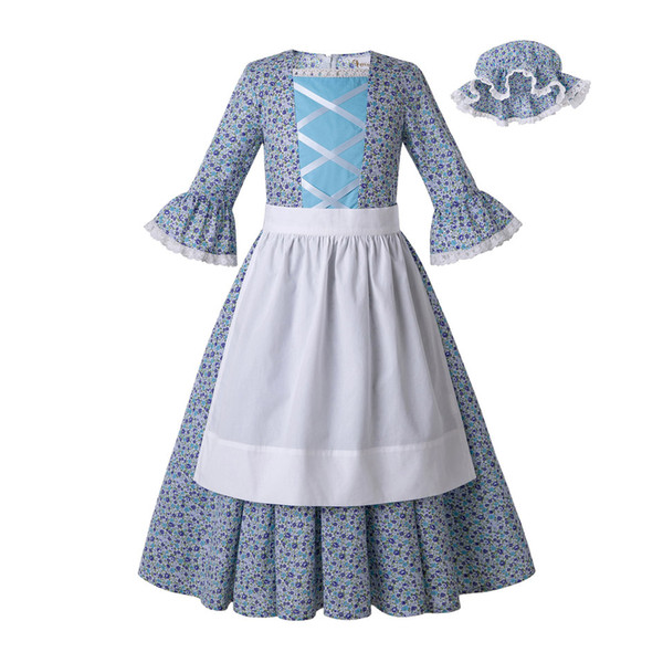 Pettigirl Summer Light Blue Flower Print Cotton Girls Dresses With Cute Hat Designer Kid Girls Dress Dropshipping G-DMCS204-G008