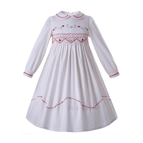 Pettigirl White Smocking Girls Dresses For Girls Doll Collar Embroidery Handmade Smocked Long Sleeve Kids Designer Clothes G-DMGD108-C77