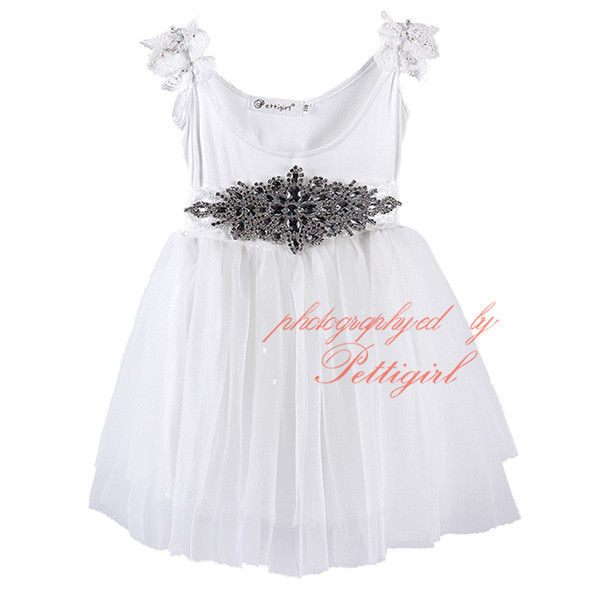 Pettigirl Baby Girl Dresses Elegance Summer White Kids Dress Diamond Belt Sleeveless Baby Girl Designer Clothes GD81107-1