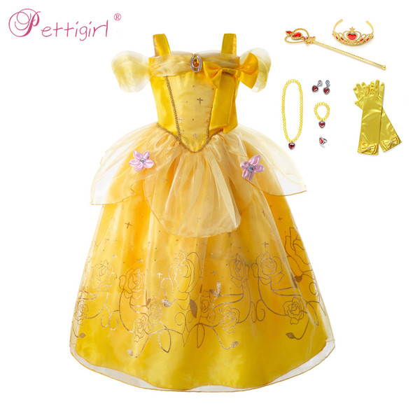 Pettigirl Beauty and The Beast Princess Belle Costume Shoulderless Fairy Girl Party Wddding Dress Halloween Cosplay Kid Costumes