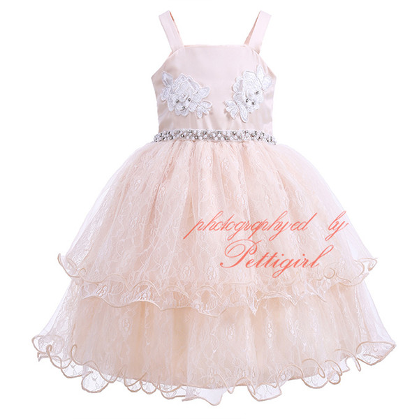 Pettigirl 2017New Girl Party Dress Sling Champagne Flower Embroidery Wirh Bow Beaded Layered Tulle Kids Wedding Slip Clothing GD81207-25L