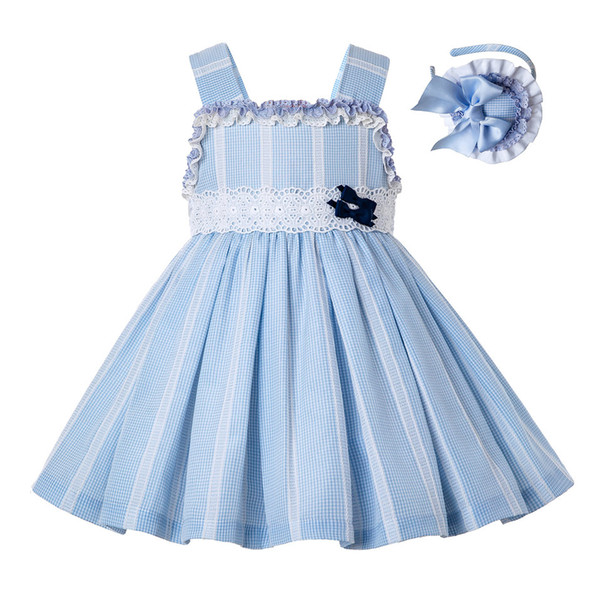 Pettigirl Summer Blue Lace Wedding Girls Dress With Gird Lovely Girl Party Dress With Headband Kids Clothing G-DMCS203-C184