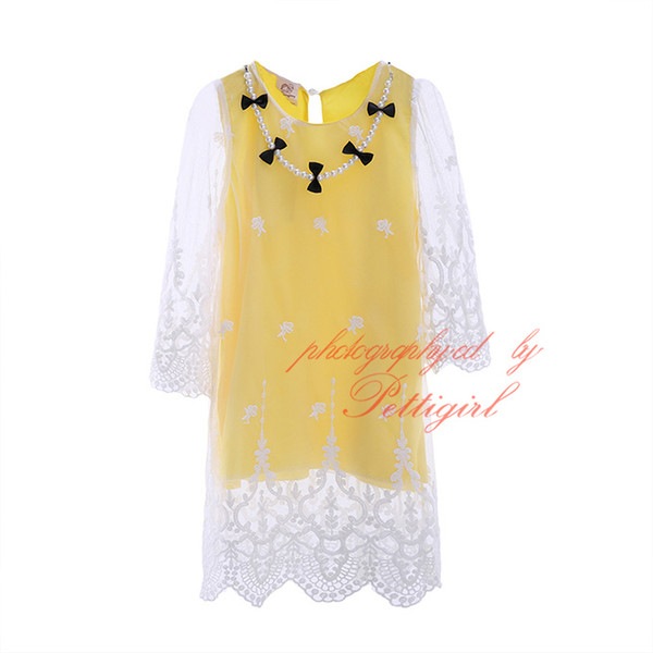 Cute Yellow Girls Dresses Fashion Lace with Pearl Necklace Kids Long Sleeve Dress Spring & Autumn Child Clothes GD40420-31