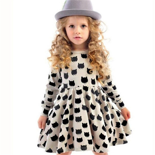 kids clothes Girl dress cotton long sleeve black stamp elastic pleated Zou comfortable dress stitching girl clothes Cartoon cat dress