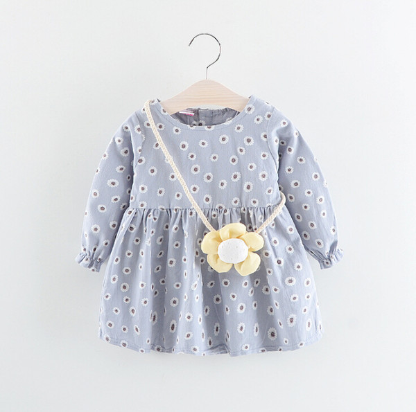 Kids Clothing Flowers Printing Short Sleeve Boat Neck Dress Set Dresses + Bag Summer Girl Cute Wear Dress