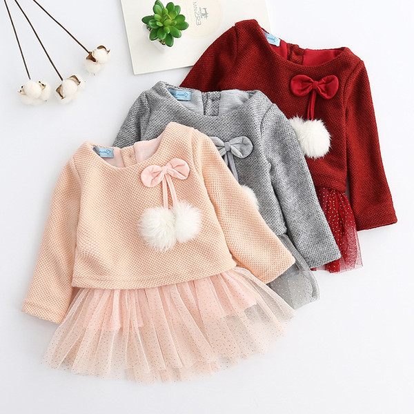 New Cute Baby Girl Dress Cotton Knitted Tutu Dress Pompon Mesh Gilded Princess Dresses Bowknot Kids Party Costume Kids Clothes