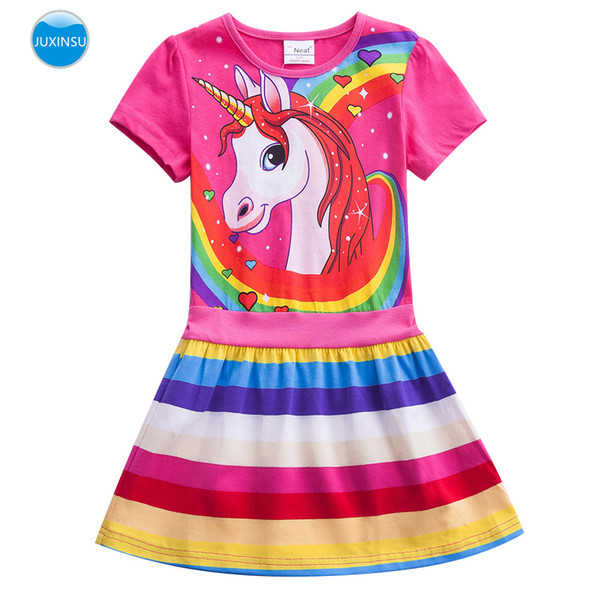 JUXINSU Toddler cotton girl summer short-sleeved Unicorn dress rainbow cartoon girl child clothing 3-7 years old H6219