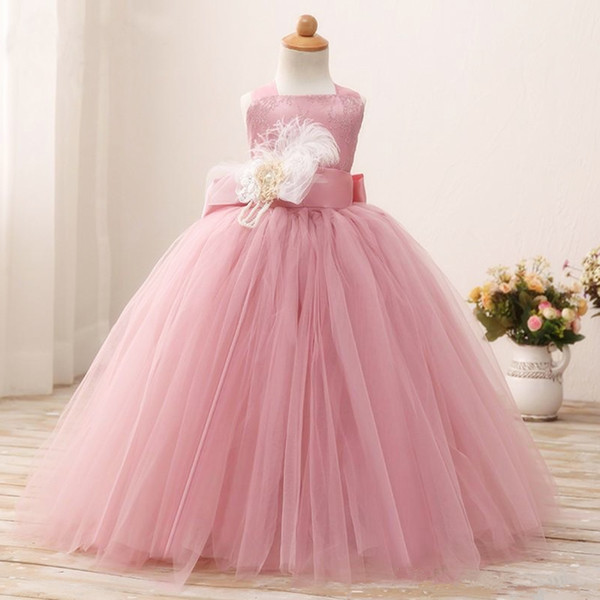 Pretty Pink Flower Girl Dresses Sleeveless Tulle Fluffy Girls Pageant Dresses First Holy Communion Party