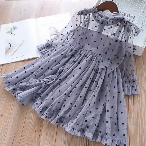 Polka Dot Girl Princess Dress 2020 New Bow Collar Yarn Tulle Long Sleeve Summer Dresses 2-6Years AH175