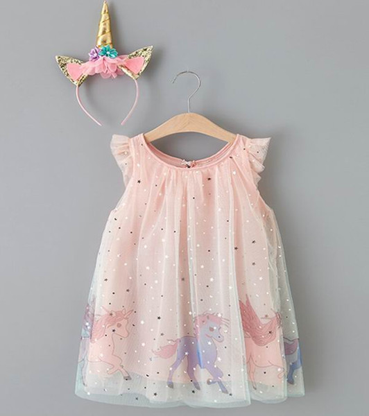 Unicorn starry Sky Pink Dress Cartoon Girl Summer Princess Dresses free Hair hoop Kid Clothes AZ2307