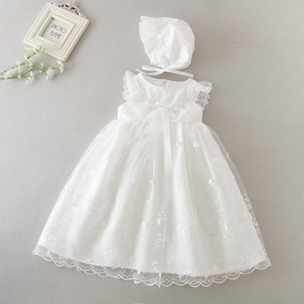 Long Baby Christening Gown First Birthday Sleeveless Princess Dresses Free Hat for Party Wedding Baby Clothes 0-2Y 9890BB