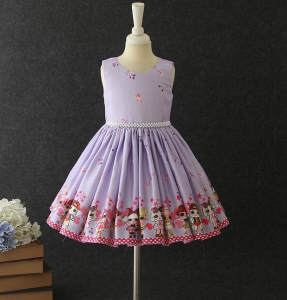 Big Eyes Flower Girl Dress Pearl on Waist Cartoon Print Sleeveless Party Show Dress Baby Clothes 3-10Y E19006