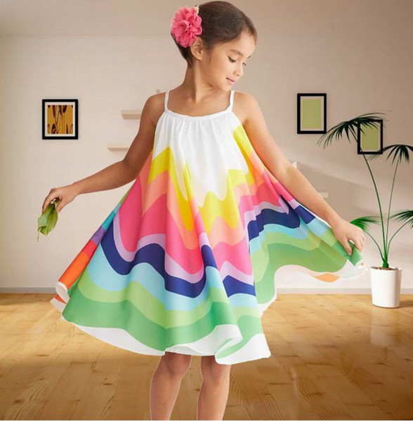 Rainbow Girl Dress Chiffon Sleeveless Holiday Dress Casual Dresses Baby Clothes 1-5Y E20162