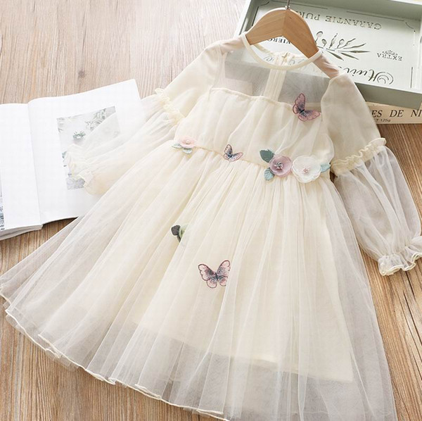 Wholesale Butterfly Flowers Girl Dress 2020 Spring new Tulle Long Sleeve Princess Dress Kids Clothes 2-6 Y E2086