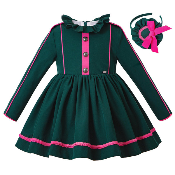 Pettigirl New Christmas Dark Green With Headband Girl Dress With Button Girls Clothing Kids Winter Dress G-DMGD208-A409