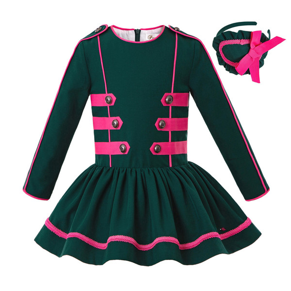 Pettigirl Christmas New Dark Green Kids Dress With Headwear With Double Breasted Girls Clothing Girls Winter Dress G-DMGD208-A412