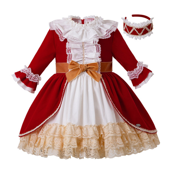 Pettigirl Christmas Red Girls Dresses with Headwear Autumn & Winter Princess Lace Dress with Bow for Girl Children Clothing