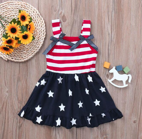 ins hot sales baby girls summer fourth of july dress children boutique scotton stripes dress kids bow star dresses