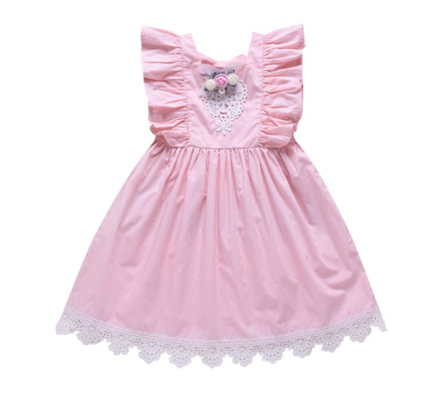 ins hot sales baby girls pink dress with lace ruffle kids boutique flower cotton dress new style children dress