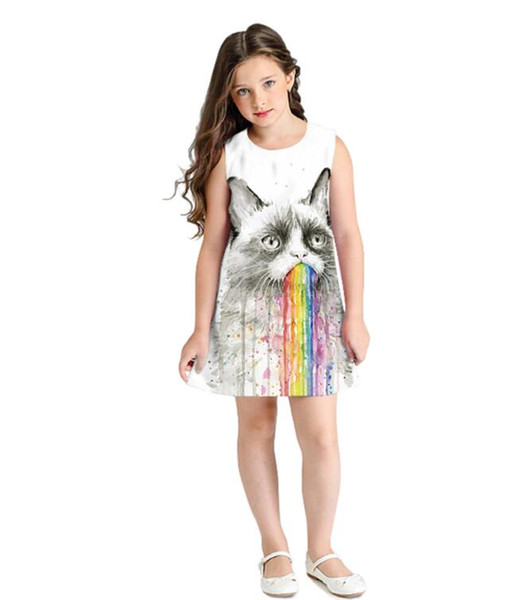 ins hot sales baby girl dress summer dress kids cat prints rainbow princess dress little girls fahion dresses