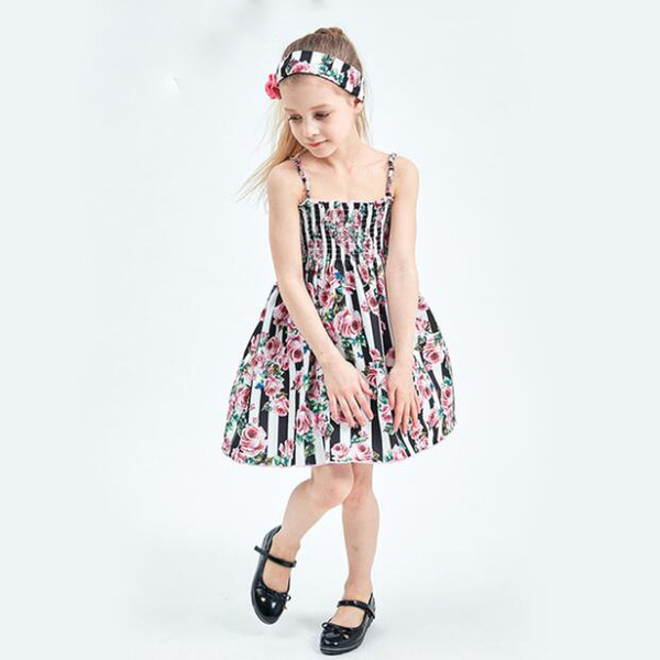 ins hot sales baby girl dress summer dress kid boutique black stripes dresses children flower prints dress