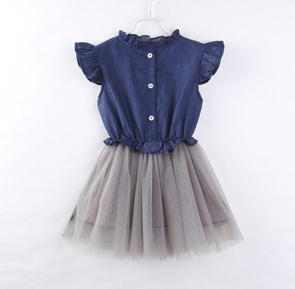 ins hot sales baby girls denim dress pearl ruffle children chiffon dress kids boutique summer princess dress