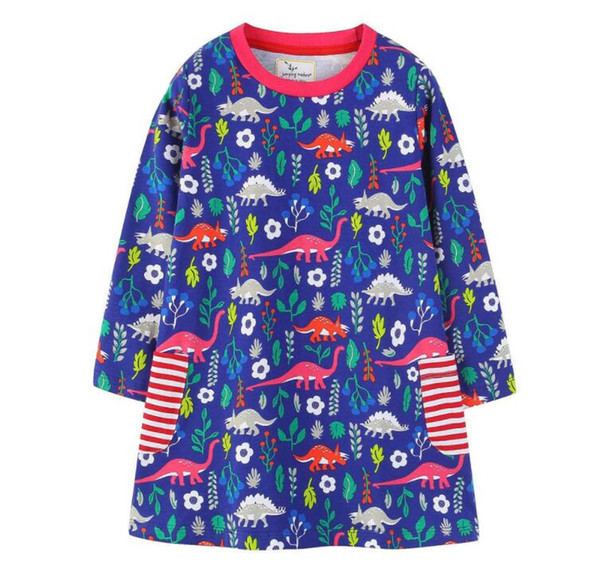 2018 new design baby girls prints long sleeve dress with pocket children animal prints boutique clothes 100%cotton dress