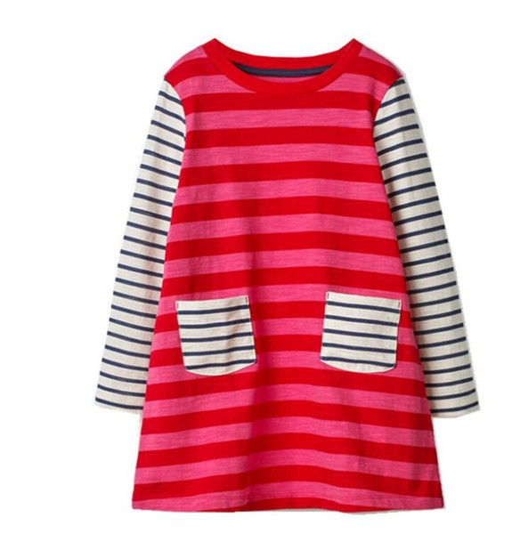 2018 new design baby girls strieps long sleeve dress with pocket children stripes boutique clothes 100% cotton dress