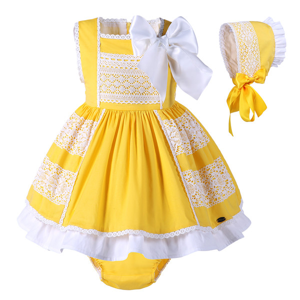 Pettigirl Easter Baby Girls Dress Cotton Children Yellow Costume For Kids Toddler Girl Clothes With Bonnie +PPpants G-DMCS101-B174