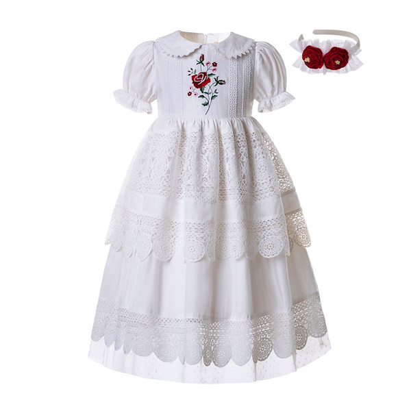 Pettigirl Embroidery Doll Collar White Flower Girl Communion Lace Dresses Summer Solid (Dress Length under Knee) G-DMGD111-B455