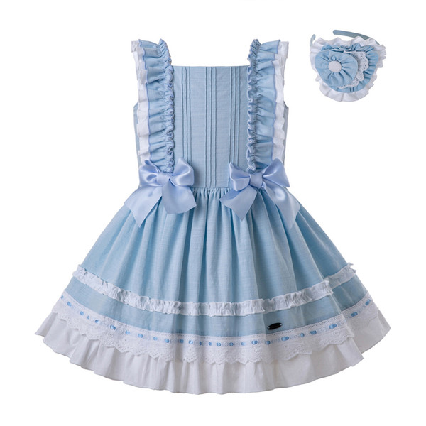 Pettigirl New Blue Summer Girl Dress Pleated A line Boutique Kids Dress Sequre Collar Sleeveless Children Clothing G-DMGD201-C143