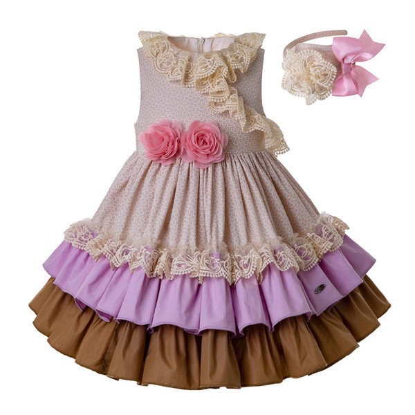 Pettigirl Beige Girl Dress With Pink Flower Girls Dress For Wedding Summer Child Clothing for Girls G-DMGD201-C136