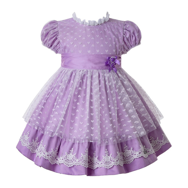 Pettigirl Summer Purple Girls Dress Heart-shaped Mesh Princess Dresses For Girls With Bow And Double Flowers G-DMGD112-B481