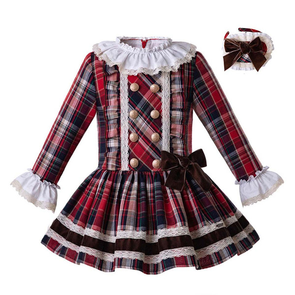 Pettigirl England Style Girl Christmas Dress Grid Princess Layered Dress Boutique Spring/Autumn Girls Clothing G-DMGD007-A119