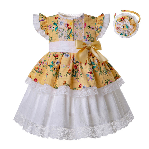 Pettigirl Yellow Girl Flower Printed Dress Heart-shaped Hollow Boutique Baby Girl Clothes With Bows & Headwear G-DMGD201-B493