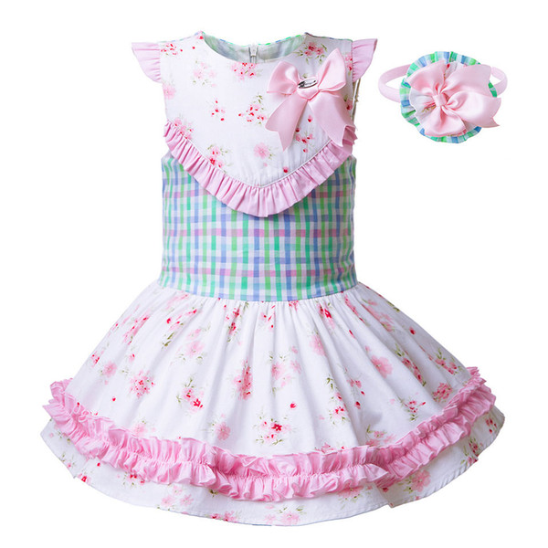 Pettigirl Summer Girls Mix Color Grid Flower Printed Dresses Kids Pink Bow Dress With Headband Children Clothes G-DMGD104-B246