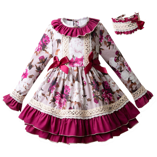 Pettigirl England Style Girl Floral Autumn Dress Flare Sleeve Party Dress With Headband Children Pageant Clothing G-DMGD103-B220