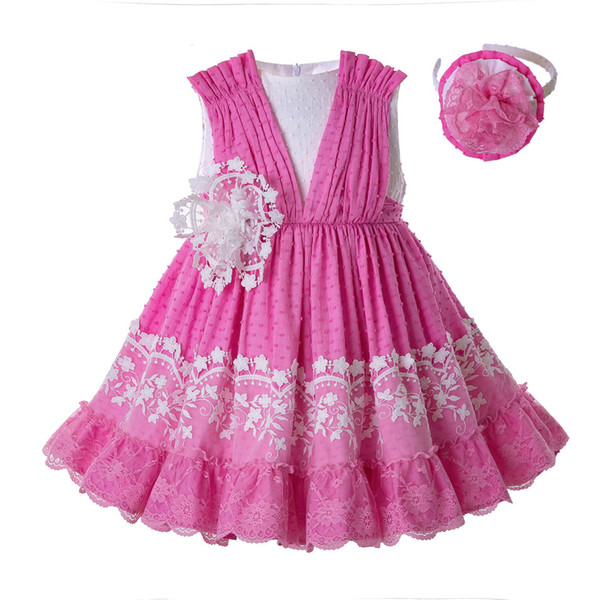 Pettigirl 2019 Newest Baby Girls Dresses Pink Lace Sleeveless Flower Dress With Headwear Kids Clothing G-DMGD201-B494