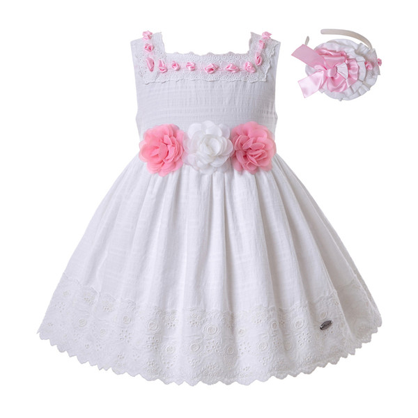 Pettigirl 2019 Summer Baby Girls Dresses White Lace FlowersWedding Party Dress With Headwear Kids Clothes G-DMGD105-B272