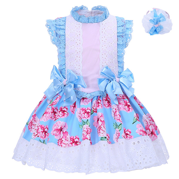 Pettigirl Girls Summer Printed Flower Boutique Dress Children Blue Bow Lace Neck and Sleeves With Headband Kids Clothing G-DMGD001-1310